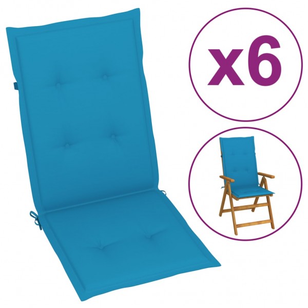 Cojín silla de jardín respaldo alto 6 uds tela azul 120x50x3 cm D