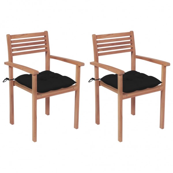 Cadeiras de jardim 2 peças em madeira maciça de teca com almofadas pretas D
