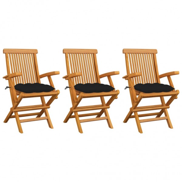 Cadeiras de jardim de teca maciça com almofadas pretas D