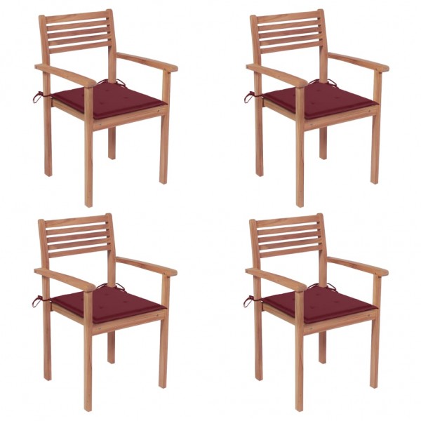 Quatro cadeiras de jardim de teca com almofadas vermelhas D