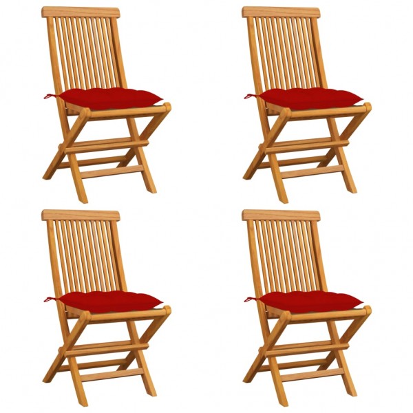 Cadeiras de jardim 4 unidades com almofadas vermelhas teca de madeira D