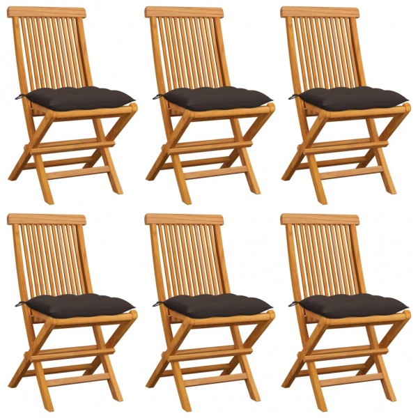 Cadeiras de jardim 6 unidades em madeira maciça de teca e almofadas cinza-acastanhadas D