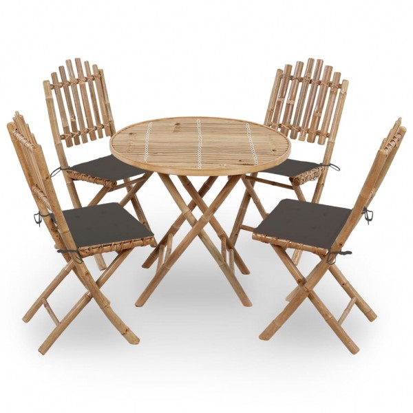 Juego de comedor de jardín plegable 5 piezas bambú con cojines Juego de comedor de jardín plegable 5 piezas bambú con cojines D