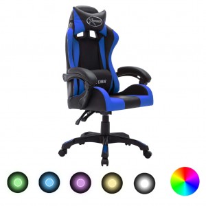 Cadeira de jogos com luzes LED RGB couro sintético azul e preto D