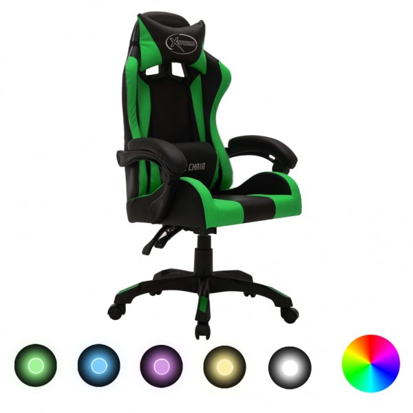 Silla gaming con luces LED RGB cuero sintético verde y negro D