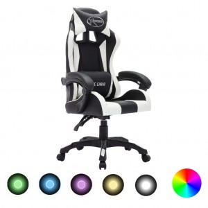 Cadeira de jogos com luzes LED RGB couro sintético branco e preto D