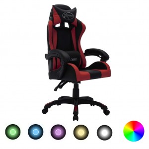 Silla gaming luces LED RGB cuero sintético color vino y negro D