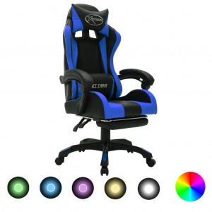 Cadeira de jogos com luzes LED RGB couro sintético azul e preto D