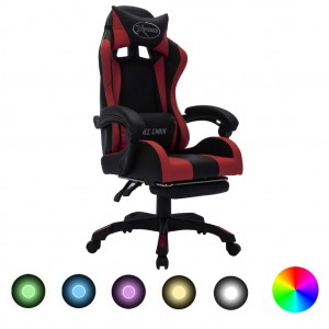Cadeira de jogos luzes LED RGB couro sintético cor vinho e preto D
