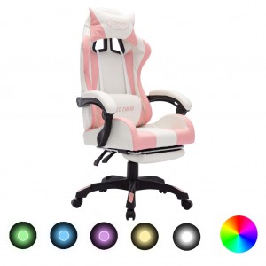 Cadeira de jogos com luzes LED RGB couro sintético rosa e branco D