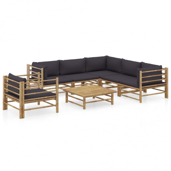 Set de mobília de jardim 7 peças de bambu com almofadas cinza escuro D