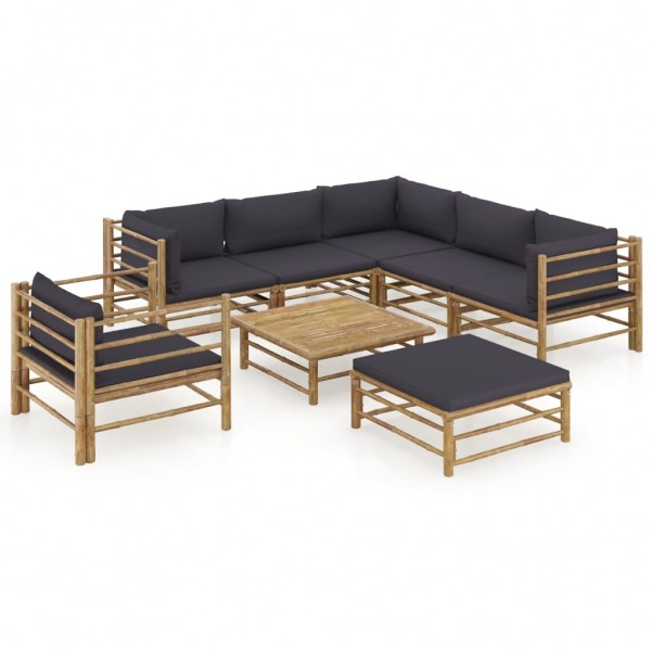 Conjunto de mobiliário de jardim 8 peças de bambu com almofadas cinza escuro D