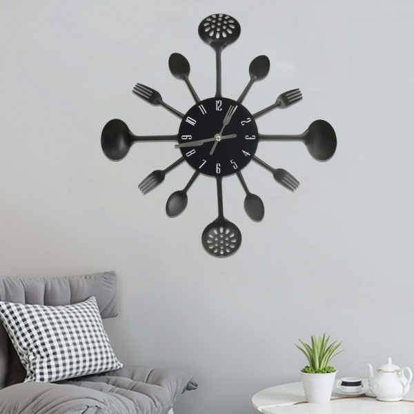 Reloj de pared diseño cuchara y tenedor negro 40 cm aluminio D