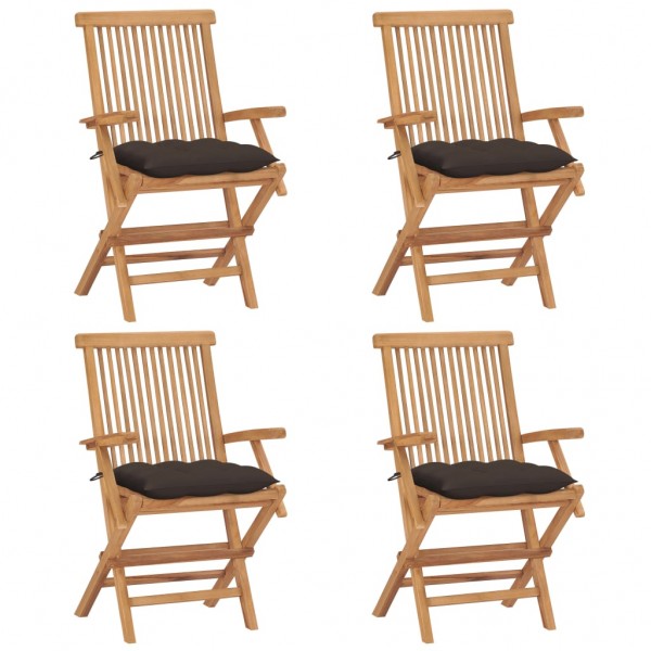 Quatro cadeiras de jardim de madeira teca com almofadas cinza-taupo D