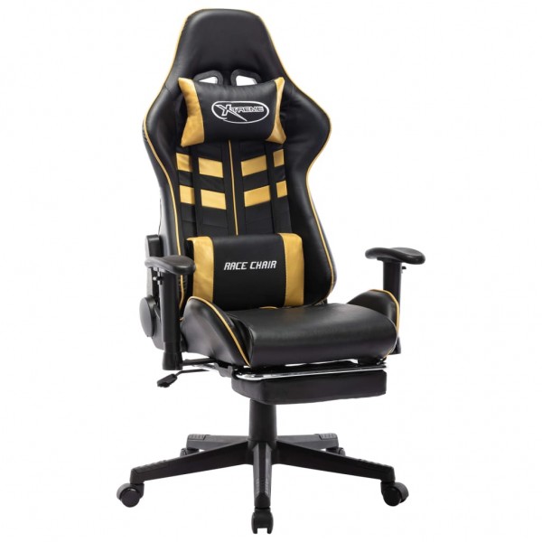 Cadeira de jogos com apoio de pés de couro sintético preto e dourado D