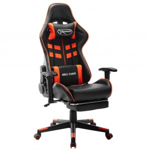 Cadeira de jogos com apoio de pés de couro sintético preto e laranja D