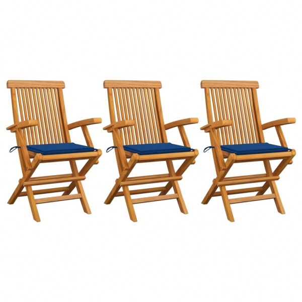 Cadeiras de jardim 3 madeira de teca com almofadas azuis reais D