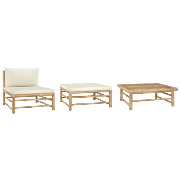 Set de mobiliário de jardim 3 peças de bambu e almofadas branco creme D