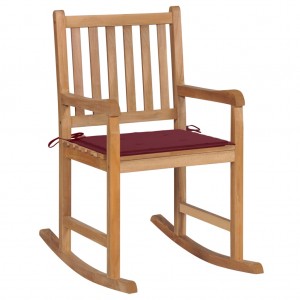 Silla mecedora de madera maciza de teca con cojín rojo tinto D