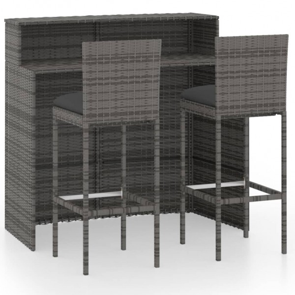 Furniture de bar para jardim 3 peças e almofadas cinzentas D