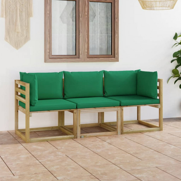 Sofá de jardim de 3 lugares com almofadas verdes D