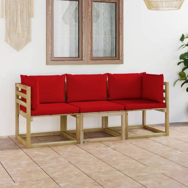 Sofá de jardim de 3 lugares com almofadas vermelhas D