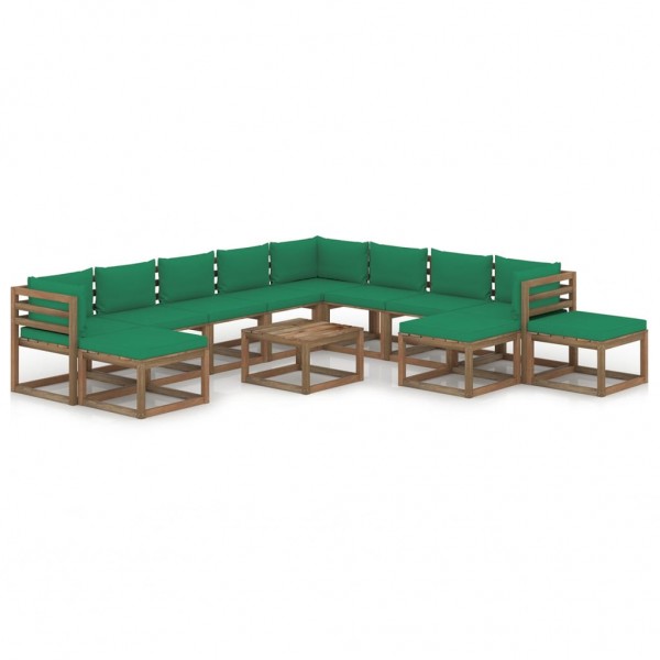 Juego de muebles de jardín 12 piezas con cojines verde D