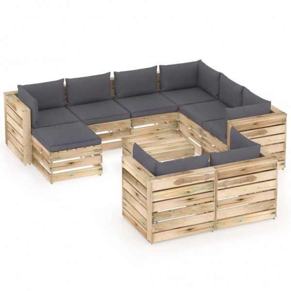 Muebles de jardín 10 piezas con cojines madera impregnada verde D