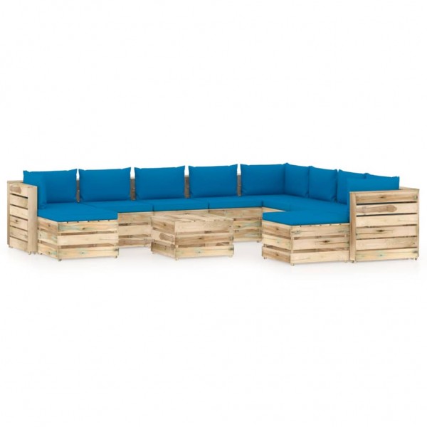 Muebles de jardín 11 piezas con cojines madera impregnada verde D