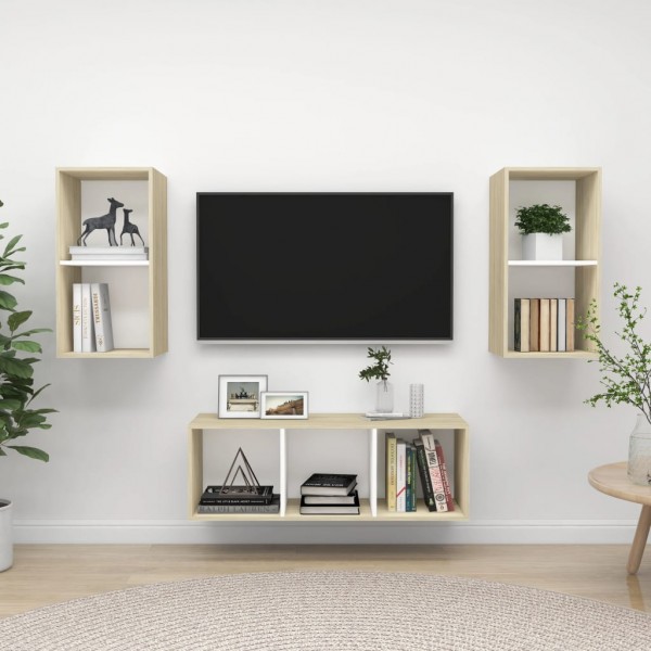Muebles de pared de TV 3 pzas aglomerado blanco y roble Sonoma D