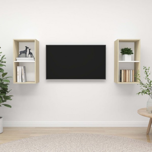 Muebles de pared de TV 2 uds aglomerado blanco y roble Sonoma D