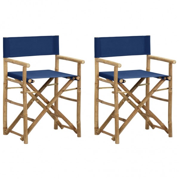 Cadeiras de diretor dobráveis 2 peças de bambu e tecido azul D