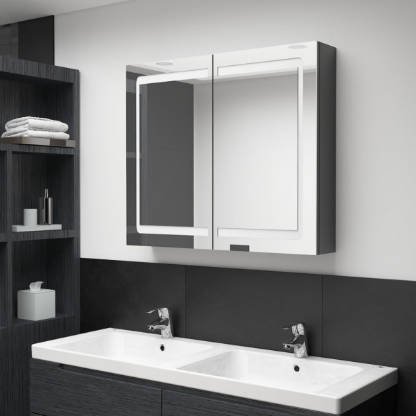 Armario de baño con espejo LED gris brillante 80x12x68 cm D