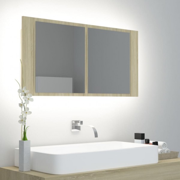 Armario espejo de baño con luz LED roble Sonoma 90x12x45 cm D