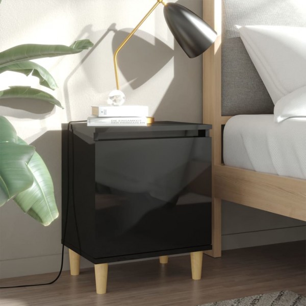 Mesa de noite com patas madeira pinho preto brilhante 40x30x50 cm D