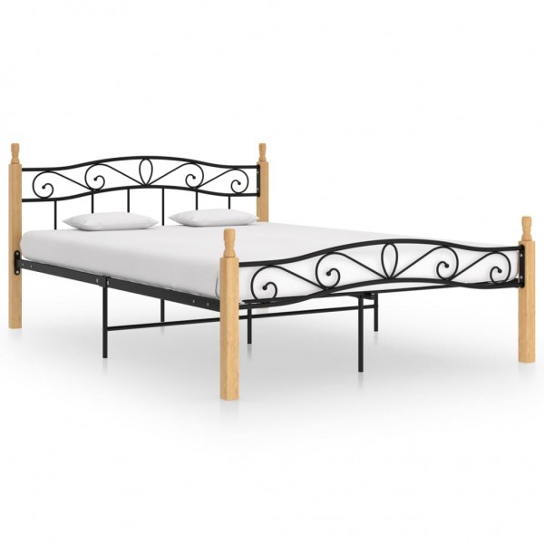 Estructura de cama madera maciza roble metal negro 140x200 cm D