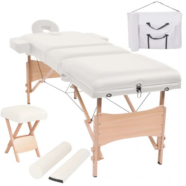 Camilla de masaje y taburete plegable 3 zonas 10 cm blanco D